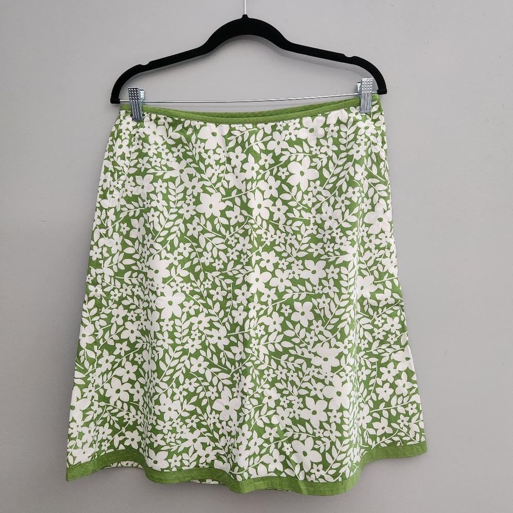 LL Bean Green Floral Women's A-Line 100% Cotton Skirt - 12 Reg